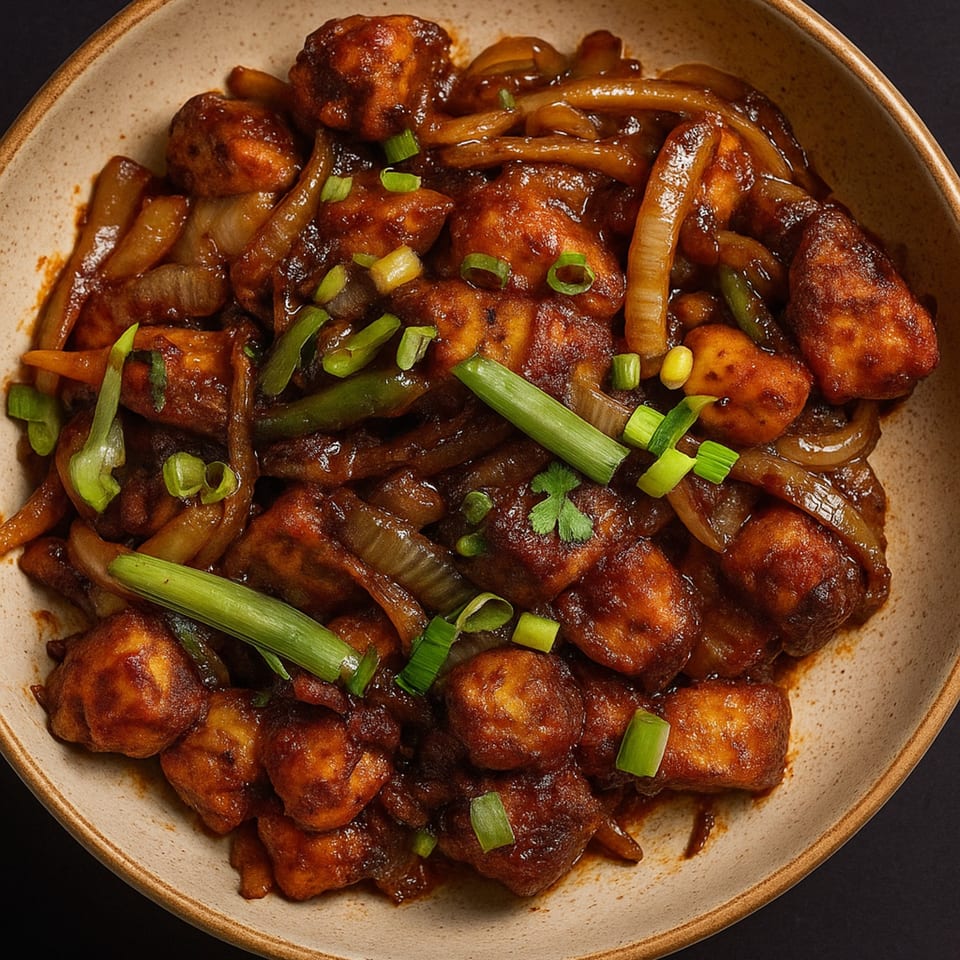 Close-up of Indian Jewel of Toledo's chili paneer, with paneer, onions, and green onions in a rich sauce.