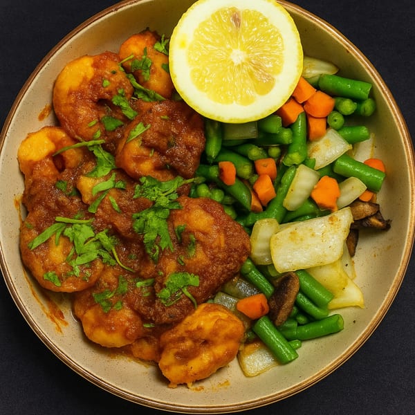 Indian Jewel of Toledo's shrimp curry with cilantro, lemon, green beans, carrots, and onions.