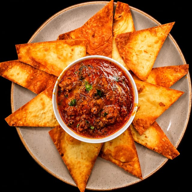 Indian Lamb Chili Nachos.