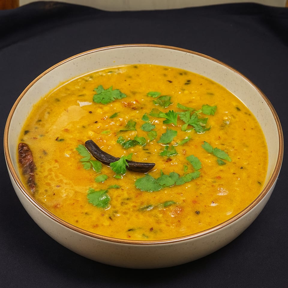 A bowl of yellow Indian dal, garnished with fresh green cilantro and dried red chilies.