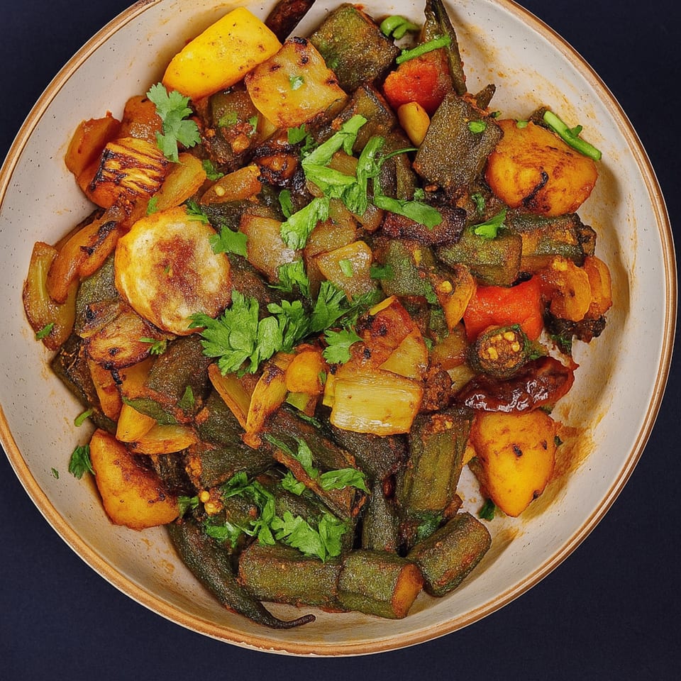 A close-up of an Indian dish with okra, potatoes, and onions, garnished with fresh cilantro.
