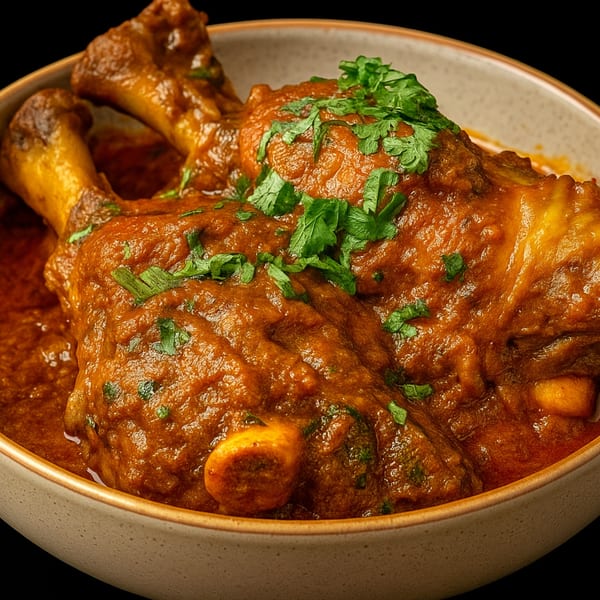 Two chicken drumsticks in a rich, reddish-brown Indian curry sauce, garnished with fresh green herbs.